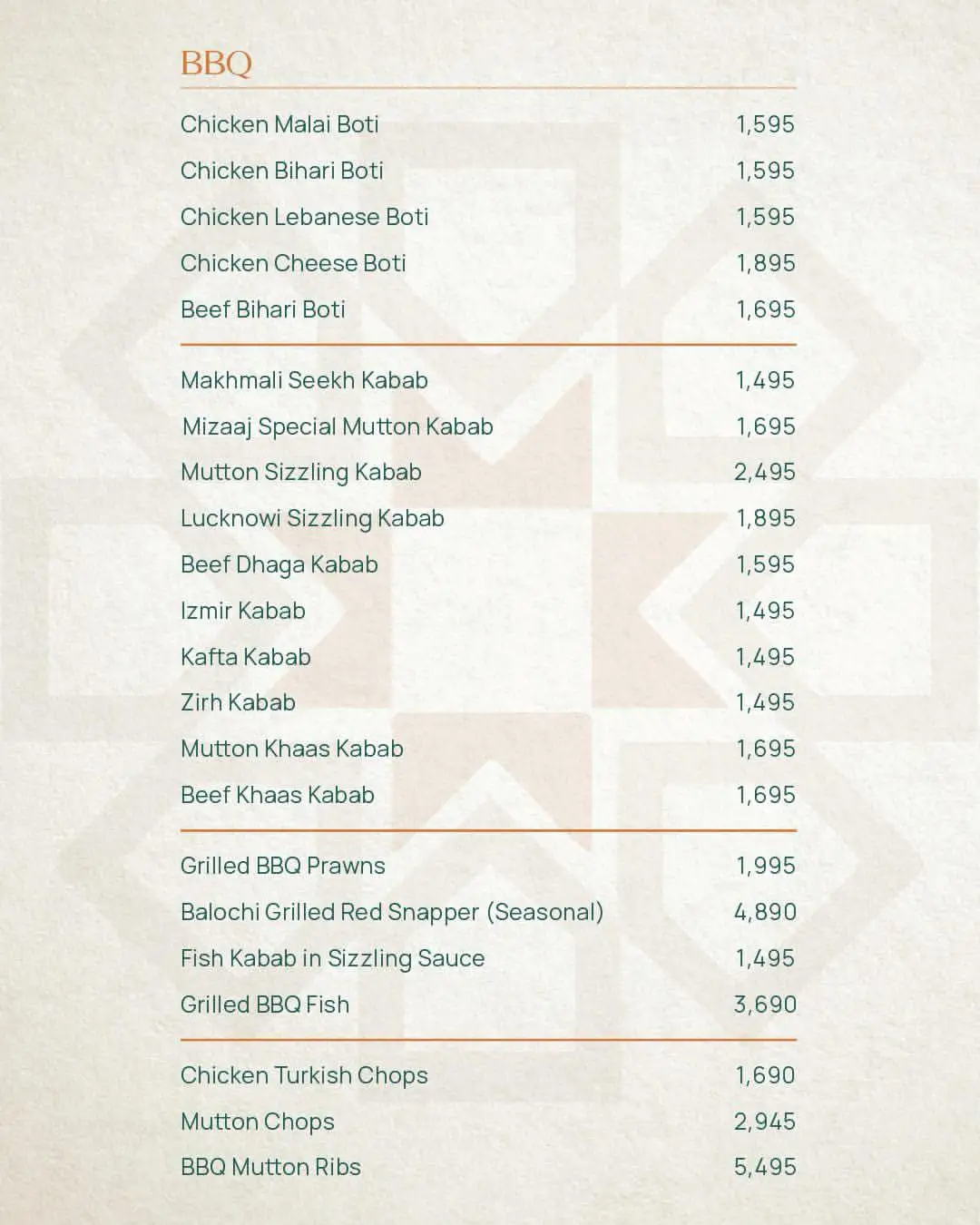 Mizaaj Restaurant BBQ menu listing prices for Malai Boti, Seekh Kababs, Izmir Kabab, Kafta Kabab, Grilled BBQ Prawns, and Fish.