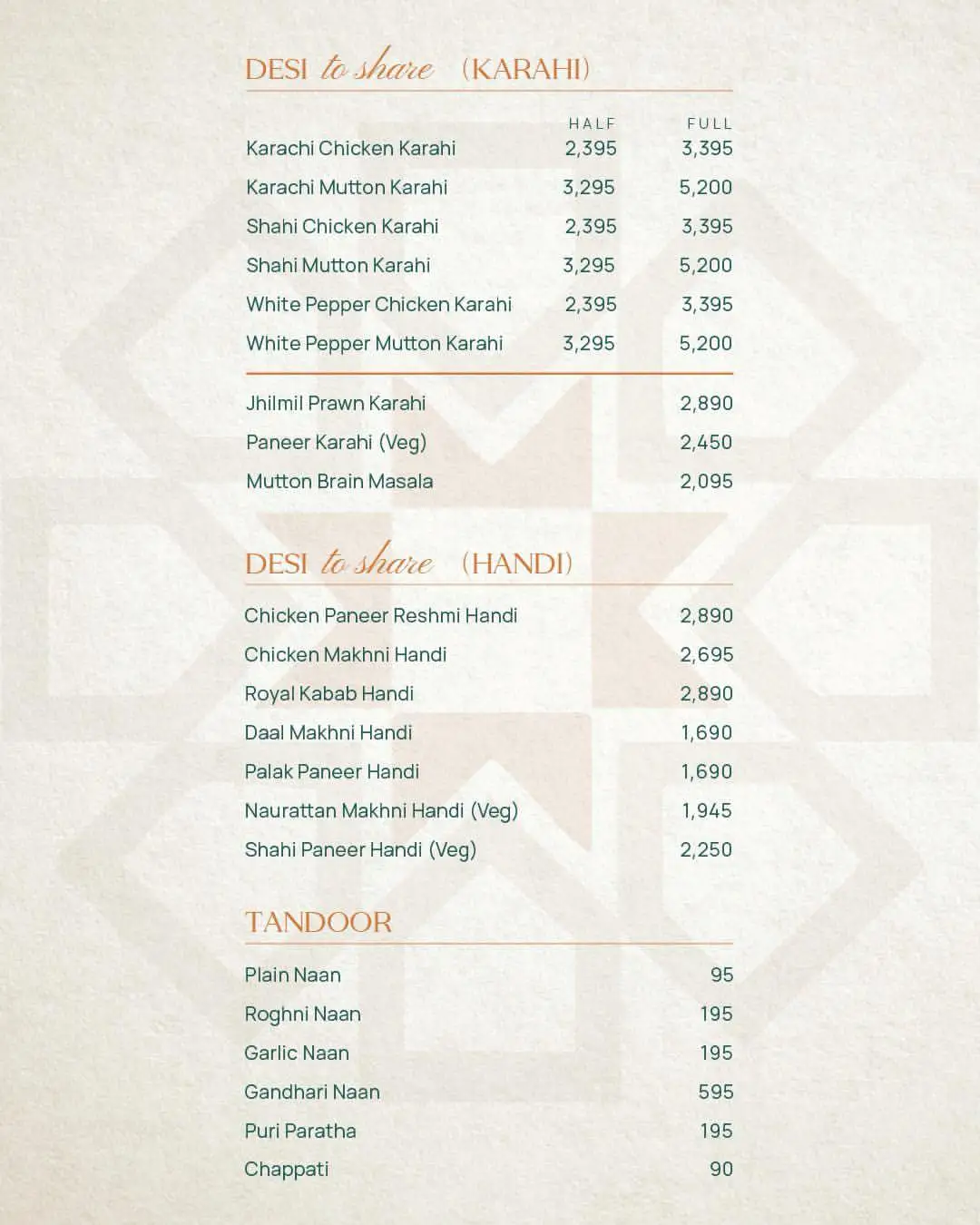 Mizaaj Restaurant menu for Desi specialties including Karachi Chicken Karahi, Chicken Makhni Handi, Daal Makhni, and Tandoori Naans.