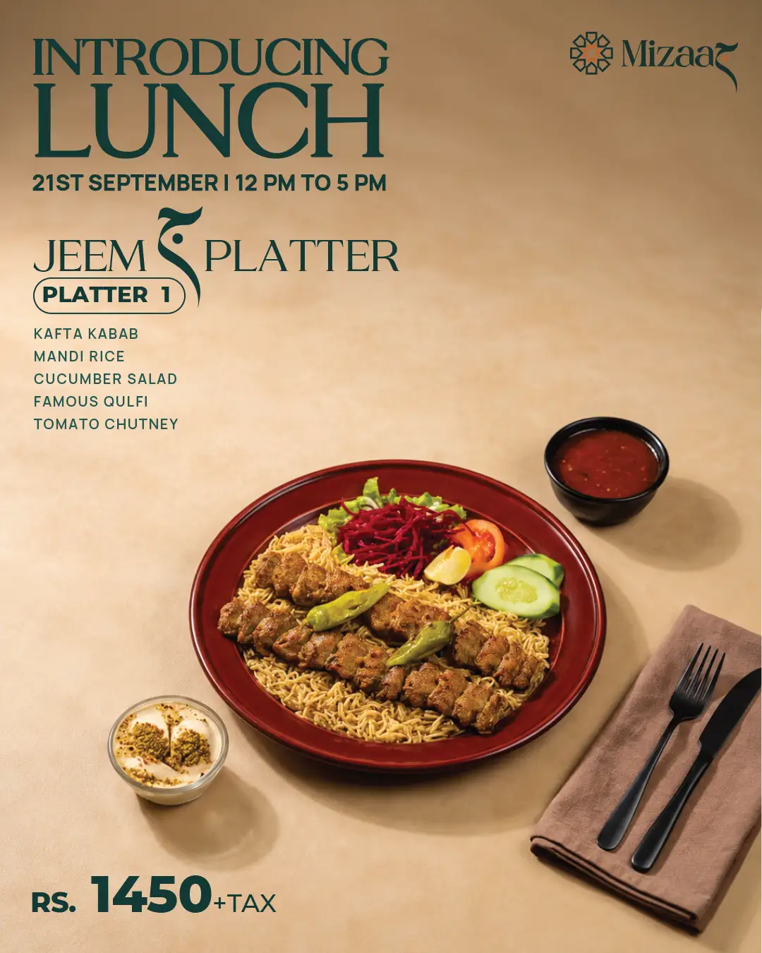 Mizaaj Restaurant Jeem Platter 1 featuring Kafta Kabab served over Mandi Rice with cucumber salad, tomato chutney, and qulfi dessert.