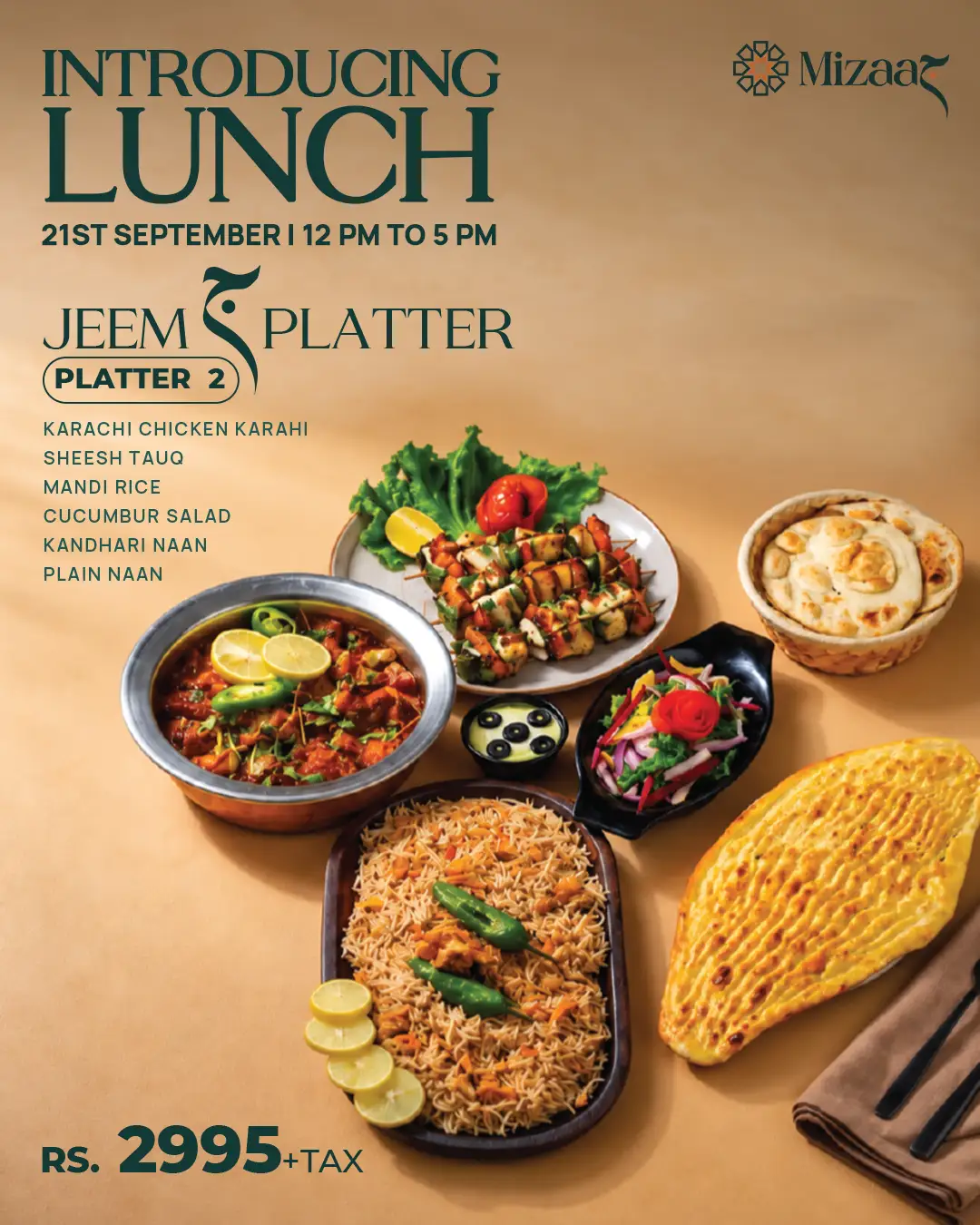 Mizaaj Restaurant Jeem Platter 2 spread with Karachi Chicken Karahi, Sheesh Tauq, Mandi Rice, fresh salad, and Kandhari Naan.