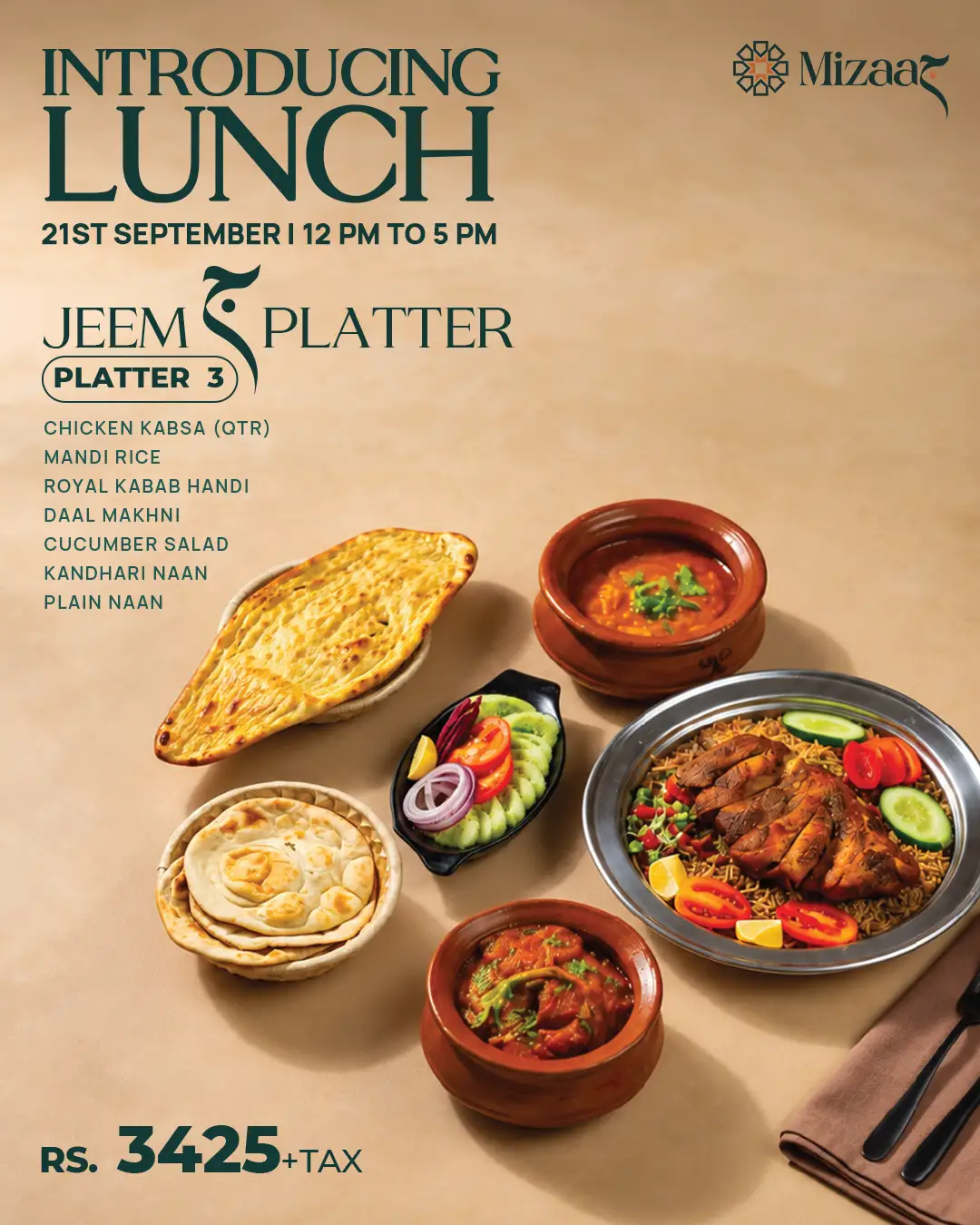 Mizaaj Restaurant Jeem Platter 3 featuring Chicken Kabsa, Mandi Rice, Royal Kabab Handi, Daal Makhni, salad, and fresh naans.