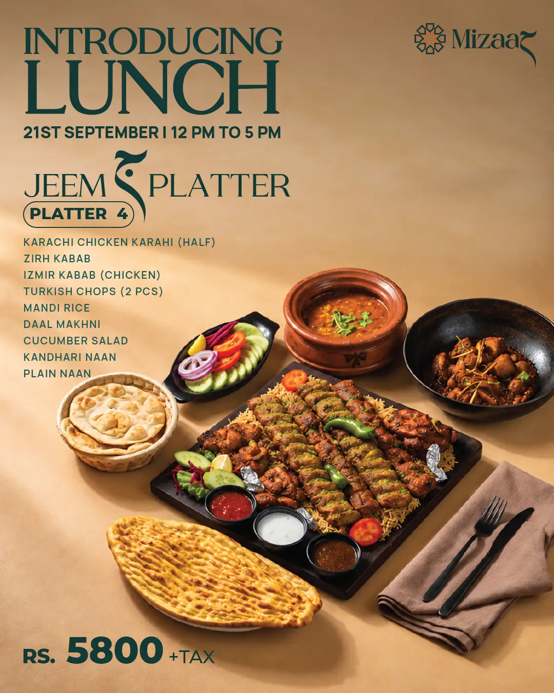 Mizaaj Restaurant Jeem Platter 4 grand feast featuring Zirh Kabab, Izmir Kabab, Turkish Chops, Chicken Karahi, Mandi Rice, and sides.