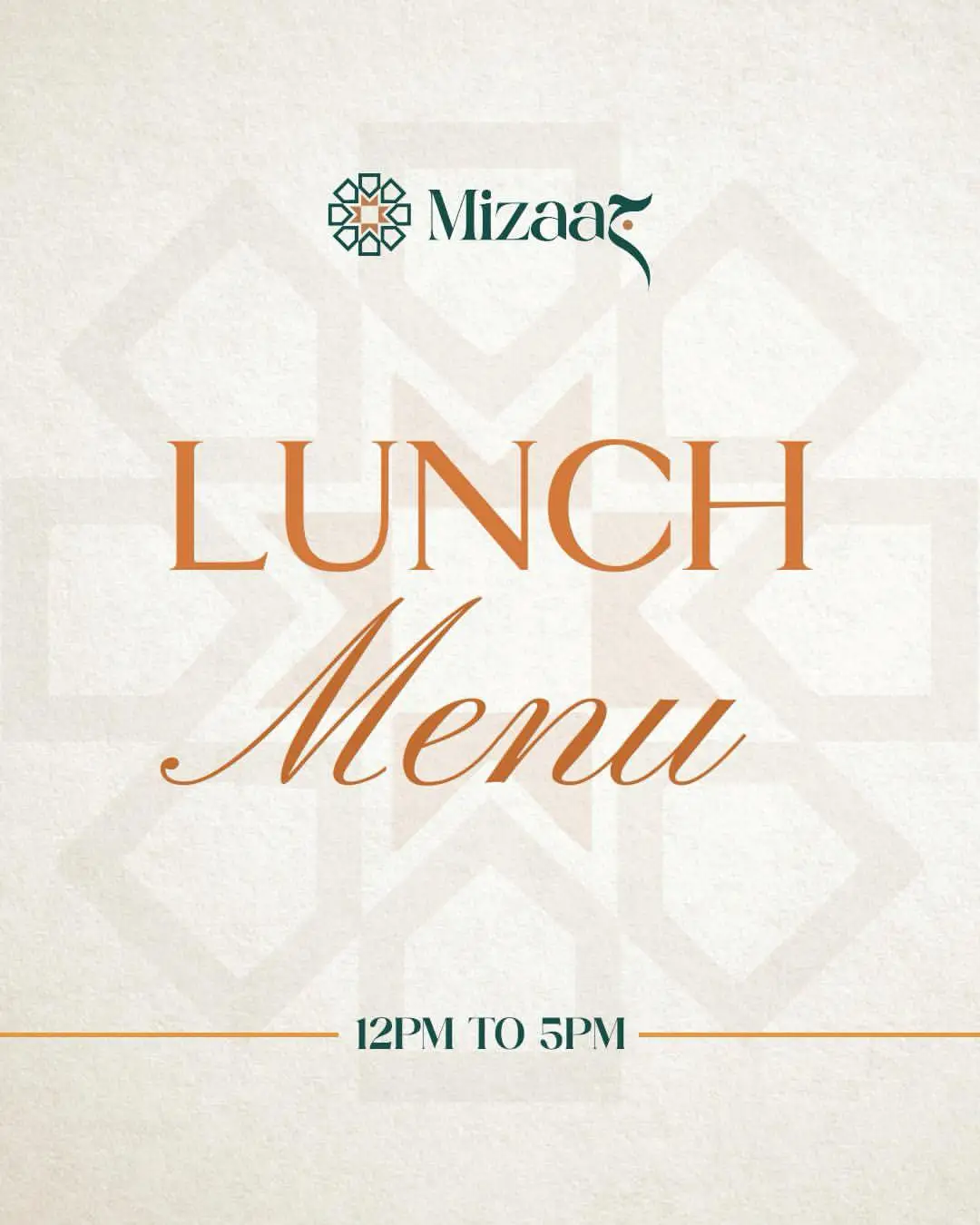Mizaaj Restaurant Lunch Menu cover displaying availability timing from 12 PM to 5 PM.