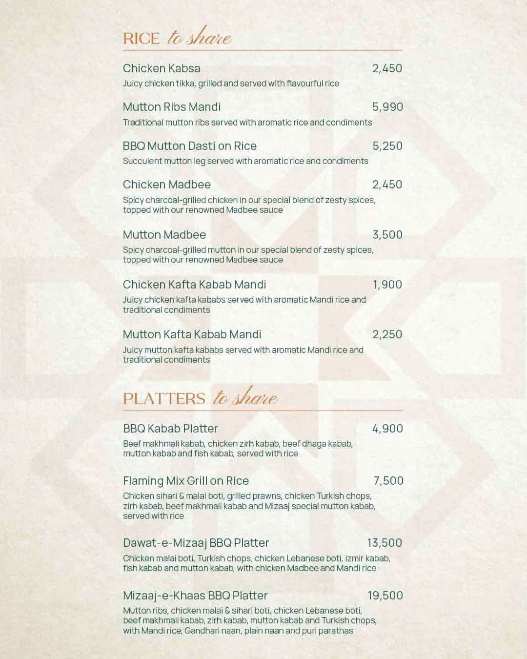Mizaaj Restaurant menu section for Rice and Platters including Chicken Kabsa, Mutton Ribs Mandi, Flaming Mix Grill, and Dawat-e-Mizaaj BBQ Platter.
